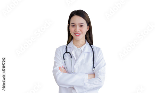 Professional Asian woman doctor wearing a white robe and stethoscope Standing with arms crossed happy and smile at the examination room in the hospital.