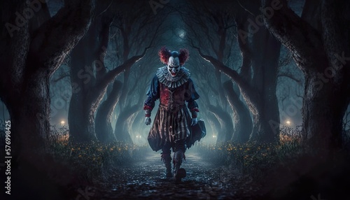Scary clown in a dark night that gives you goosebumps. Generative AI © INFINITO
