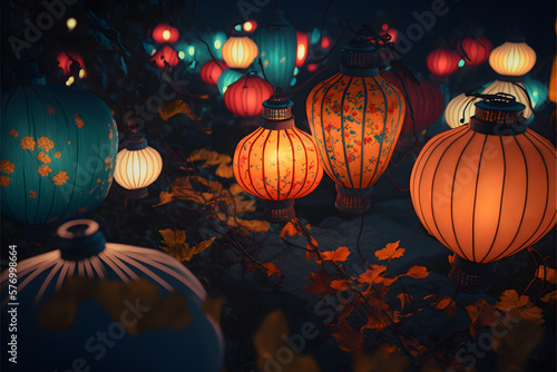 Chinese paper lanterns at night created with generative AI technology. High quality illustration