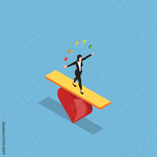 Businesswoman balancing her emotions 3d isometric vector illustration concept for banner, website, landing page, ads, flyer template