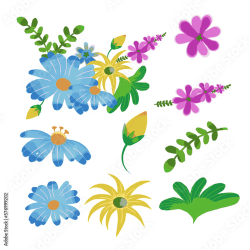Vector botanical set of wild flowers set of separate parts and bring together to beautiful bouquet of flowers in water colours, png format.
