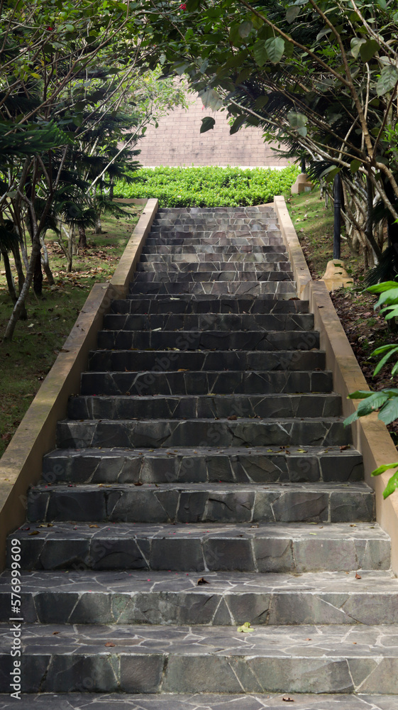 Outdoor stair step with natural stone with some tree at the side.