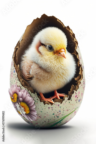 Cute little chicken out of an Easter Egg, Generative AI