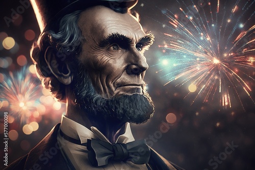 Canvas Print Abraham Lincoln on the background of the American flag with a firework