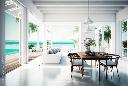 Bright modern living room interior design with large window and sea view. Table and armchair near the window and beach accessories. Generative AI