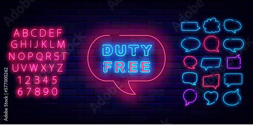 Duty free neon label. Minimal typography for airport. Speech bubble frames collection. Vector stock illustration
