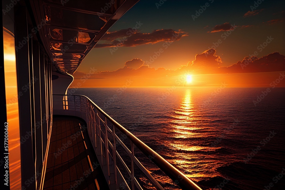 Cruise liner deck or quay on dusk seascape view, empty ship with baluster and wooden floor. Sunset scenery background on luxury sailboat in sea or ocean. Passenger vessel, Generative AI Cruise liner deck or quay on dusk seascape view, empty ship with baluster and wooden floor. Sunset scenery background on luxury sailboat in sea or ocean. Passenger vessel, Generative AI