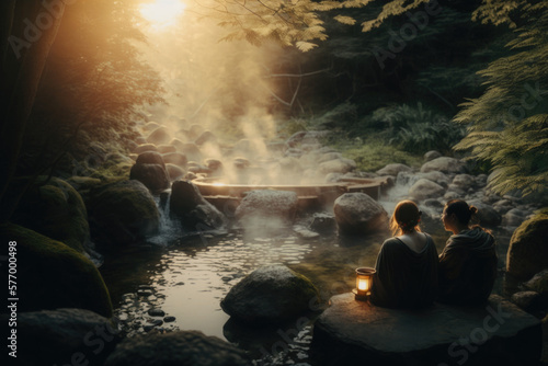 Escape to Tranquility: Couple Relaxing in Natural Hot Spring in Japanese Mountains retreat ai generative