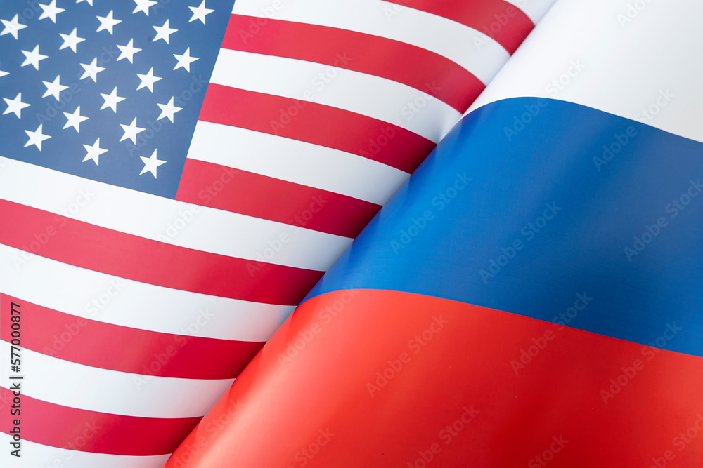 Fototapeta premium Background of the flags of the USA and russia. The concept of interaction or counteraction between two countries. International relations. political negotiations. Sports competition.
