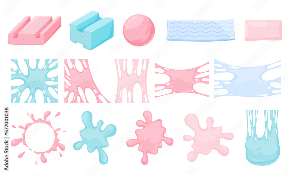 Bubble gum splashes. Cartoon chewy sweet candies. Stains and sticky stretchy forms. Vector illustration