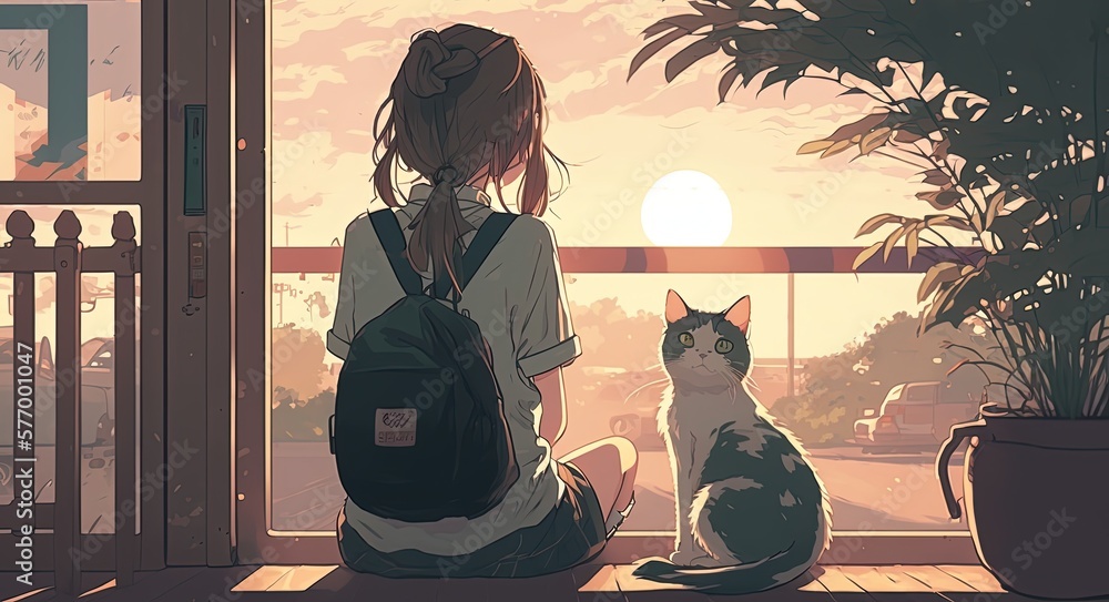 Obraz premium cartoon illustration style of a girl, cat owner with her cat at sunset balcony, Generative Ai