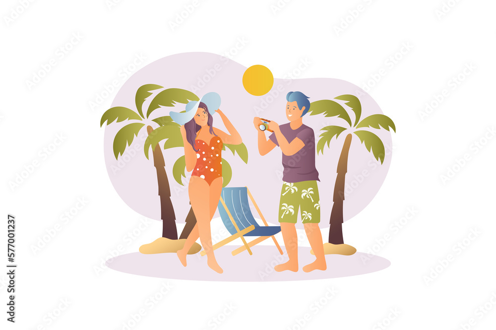 Summer time concept with people scene in the flat cartoon style. Guy takes a pictures of a girl on the sunny beach near sea and palm trees.