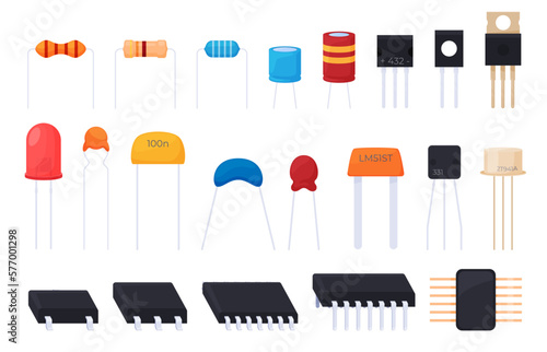 Electronic components for assembling microcircuits. Modern technological electronic elements. Vector illustration