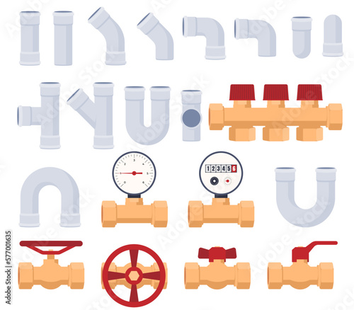 Spare parts for the pipeline. Bends, connectors, taps and sensors for plastic pipes. Plumbing work in the house. Vector illustration