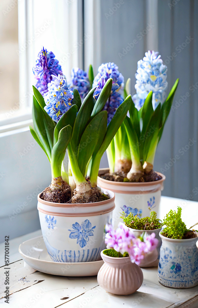 Hyacinths in pots standing on a table. AI generativ.