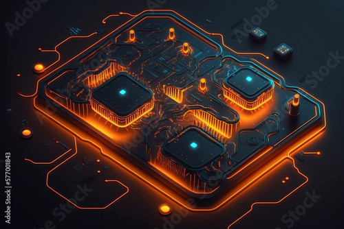 A Futuristic Tech Background with mainboard connectors and connected chips and processors. Ai generated