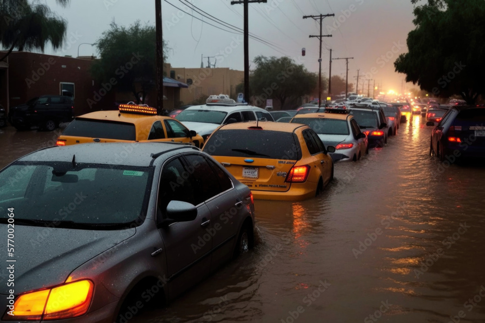 The Chaos of Urban Flooding: A Line of Cars Partially Submerged in Water, The Devastating Consequences of Heavy Rains AI Generative
