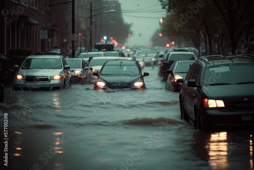 The Chaos of Urban Flooding: A Line of Cars Partially Submerged in Water, The Devastating Consequences of Heavy Rains AI Generative © Mr. Bolota