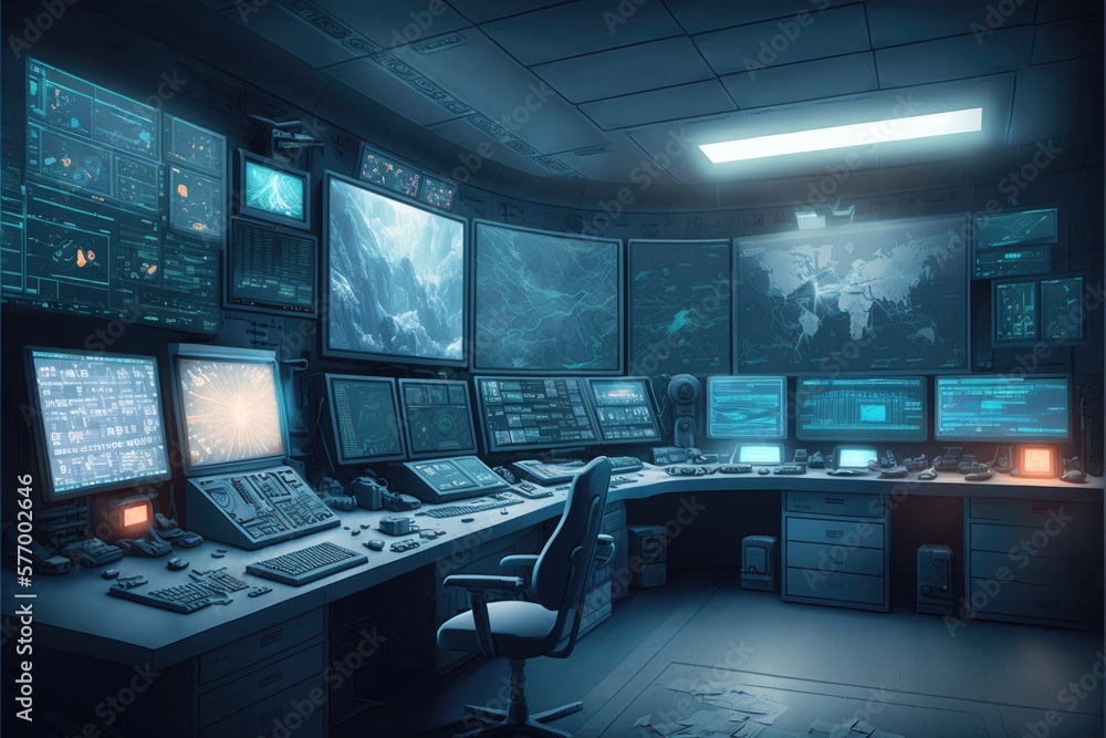Entrovinment of a huge futuristic empty control room with monitors, sensors, maps, and remote control. Generative AI illustration. Entrovinment of a huge futuristic empty control room with monitors, sensors, maps, and remote control. Generative AI illustration.