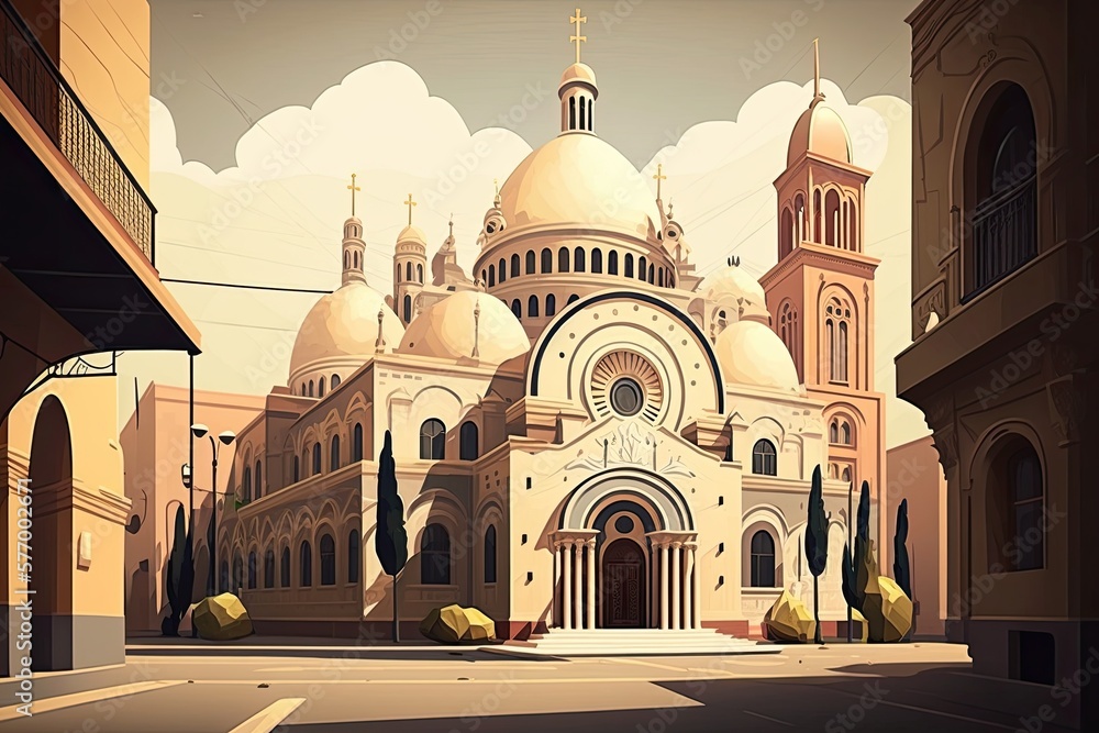 Coptic Egyptian church in the background of a public cathedral. Generative AI