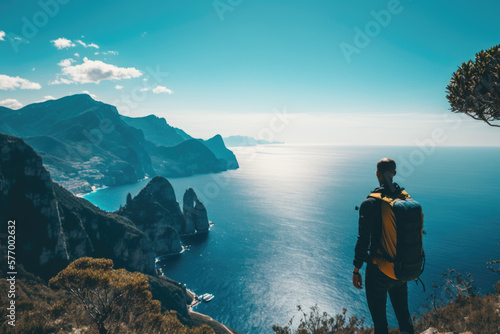 Summer traveler woman standing on a Cliff Overlooking a Mediterranean Beach AI Generative
