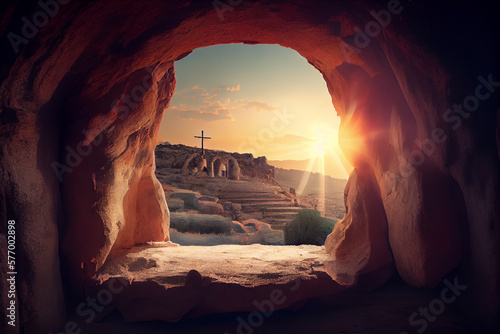 Easter or Resurrection concept, empty tomb of Jesus with crosses in the background, Generative AI