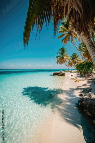 Tropical Paradise: Discovering Stunning Caribbean Beach, Crystal Clear Waters and Sandy Shores AI Generative