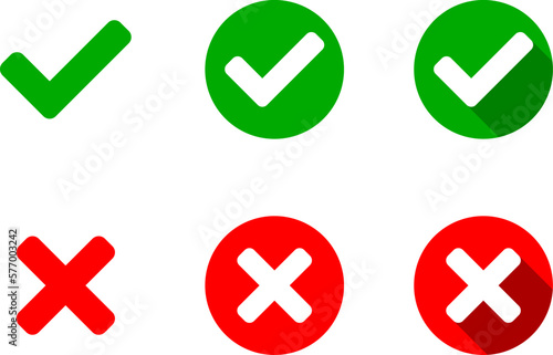 Yes and No or Right and Wrong or Approved and Declined Icons with Check Mark and X Signs with 3D Shadow Effect in Green and Red Circles. Vector Image.