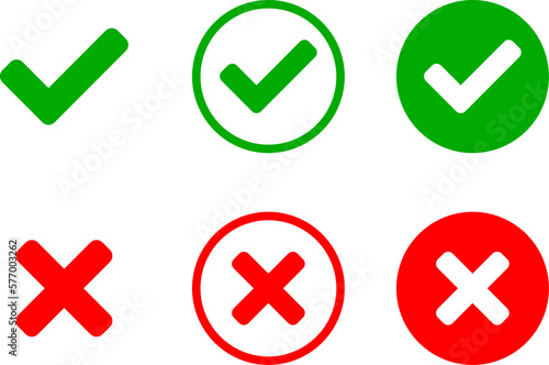 Yes and No or Right and Wrong or Approved and Declined Icons with Check Mark and X Signs in Green and Red Circles. Vector Image.