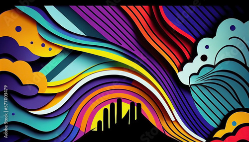 Ai generated. The silhouette of the city on a psychedelic background of billowing clouds. A vintage background with geometric figures, thick bars and wavy lines Memphis style. Psychedelic wallpaper.