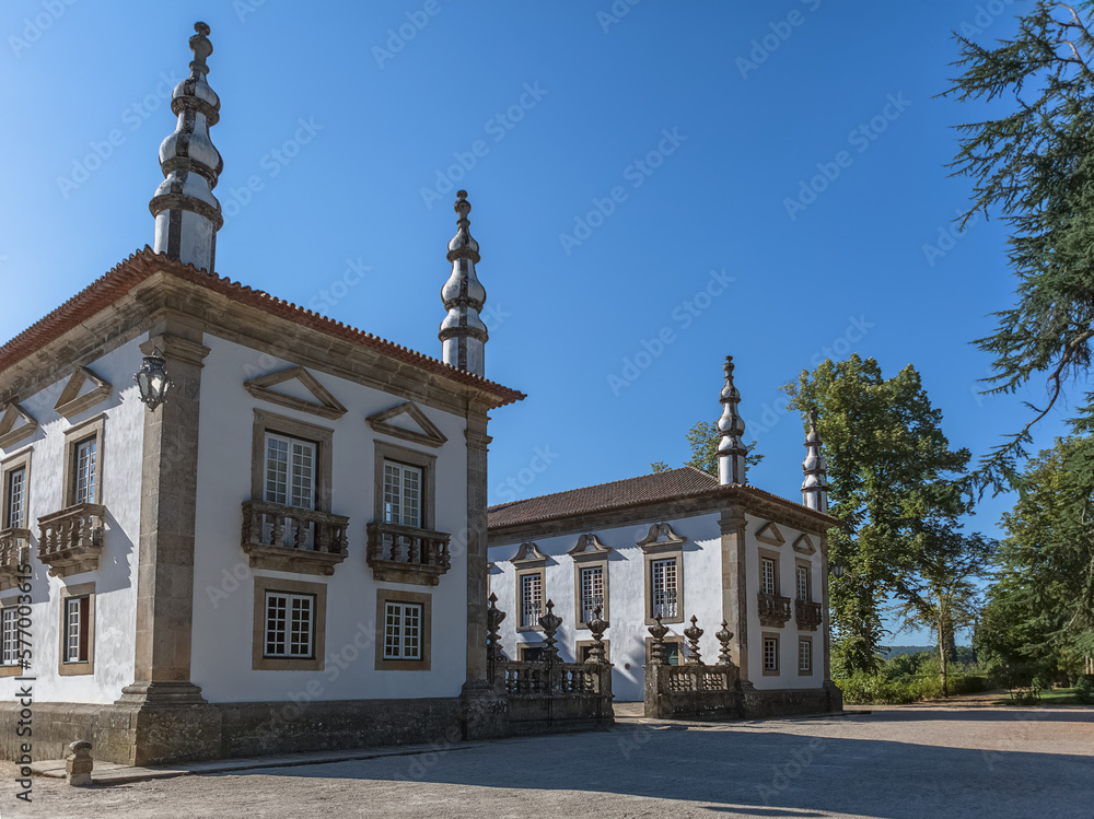 Front facade building view at the Mateus Palace or Solar de Mateus, a touristic and iconic 18th century Portuguese baroque building