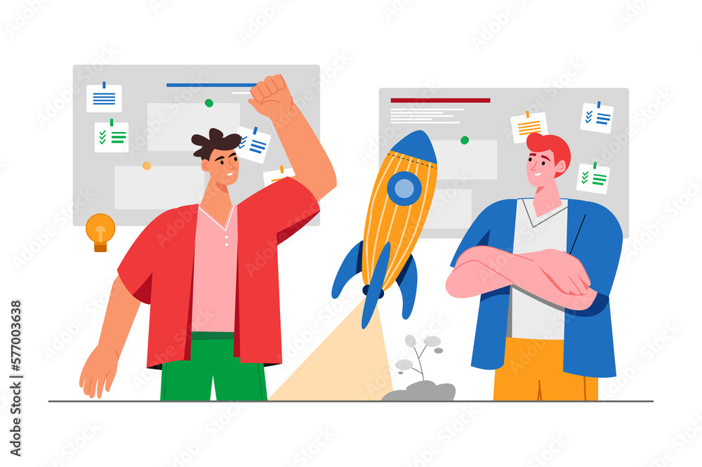 Startup gray concept with people scene in the flat cartoon style. Two friends decide to try register their first startup. Startup gray concept with people scene in the flat cartoon style. Two friends decide to try register their first startup.