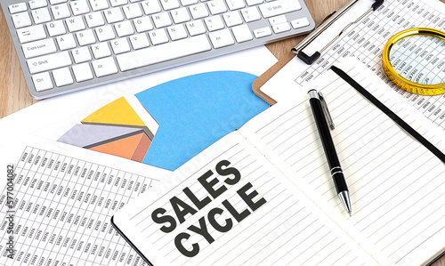 SALES CYCLE text on a paper on chart background