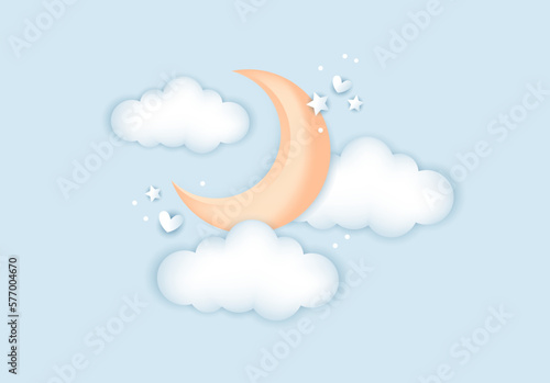 3d baby shower, moon with clouds for kids design in pastel colors. Cute vector illustration in realistic style.