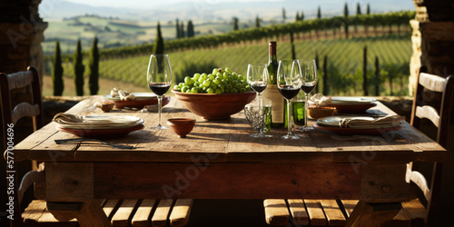 Rustic table Set with Wine, Grapes, and beautiful Nature views - A Warm and Inviting Scene, Enjoying a Glass of Red Wine Amidst Rolling Vineyards and Lush Green Hills AI Generative