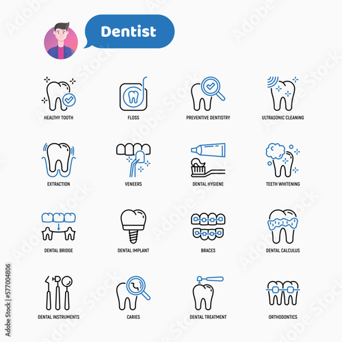 Dentist thin line icons set: dental instruments, caries under magnifier, orthodontics, tooth extraction, veneers, tooth whitening, implant, braces, calculus, ultrasonic cleaning. Vector illustration.