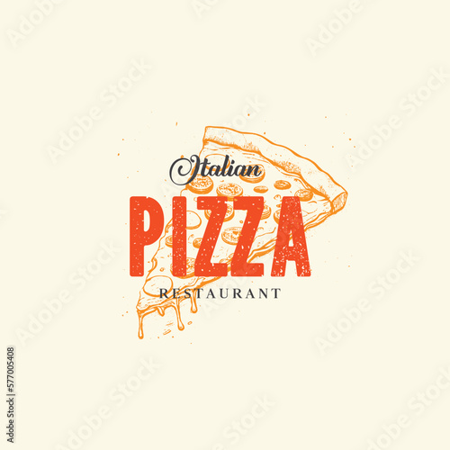Hand drawn Italian Pizza restaurant logo, slice silhouette and modern vintage typography retro style vector illustration. Pizzeria label for fast food packaging and restaurant menu decoration.