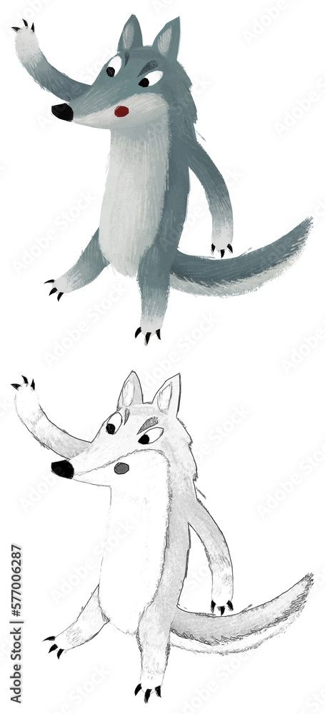 Naklejka premium cartoon scene with bad wolf on white background illustration for children sketch