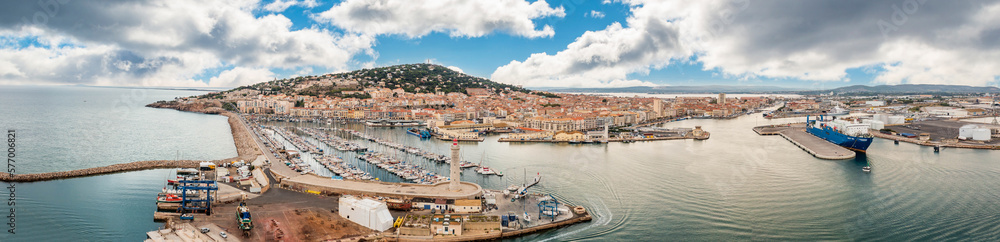 Aerial panoramic of the port and the city of Sète, in Hérault in Occitanie, France