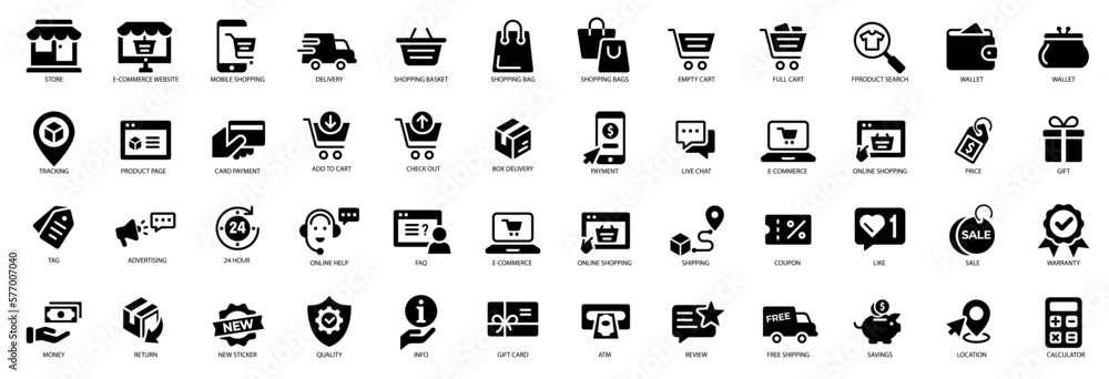 E-commerce shopping icons set. Online shopping icons set and payment elements. Vector illustration - obrazy, fototapety, plakaty 