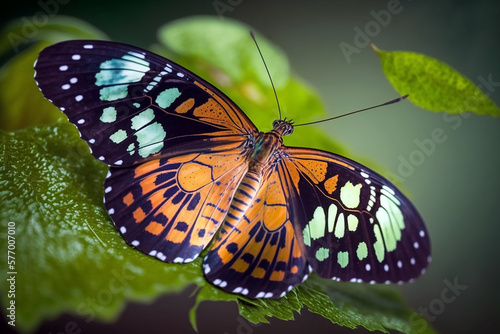 Close up of a beautiful orange butterfly on green leaf. Generative AI