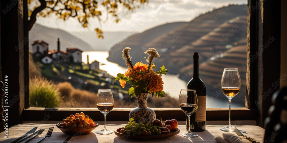 Breathtaking beauty of the Douro Valley, Portugal, with a table setting of grapes, a wine bottle, and a wine glass in the foreground AI Generative