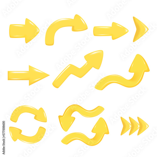 Hand drawn set of realistic yellow 3d arrows. Different shape of pointer 3d icon. Collection of realistic left, right, up, down, round sign. Abstract vector illustration isolated on white background