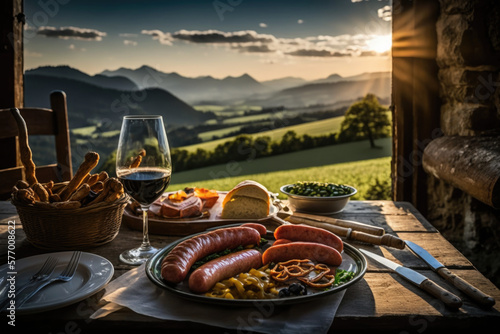 The Richness of Bavarian Cuisine: Handmade würstchen Sausages, Rolling Hills and rustic table AI Generative © Mr. Bolota