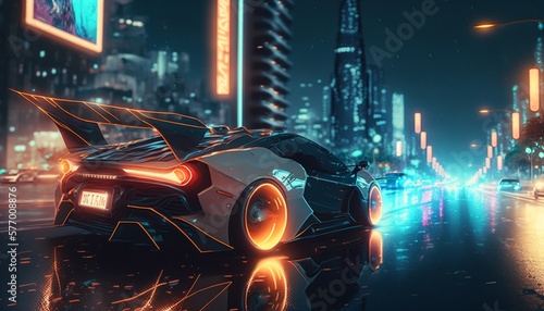 Futuristic car illuminating the street in neon tones in beautiful futuristic city, Generative AI