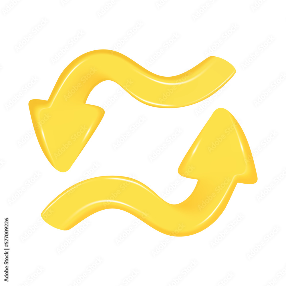 Hand drawn realistic yellow 3d arrow. Shape of pointing up and down 3d icon. Design of realistic sign. Abstract vector illustration isolated on white background Hand drawn realistic yellow 3d arrow. Shape of pointing up and down 3d icon. Design of realistic sign. Abstract vector illustration isolated on white background