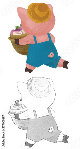 cartoon scene with farmer funnt pig rancher isolated illustration for children sketch photo