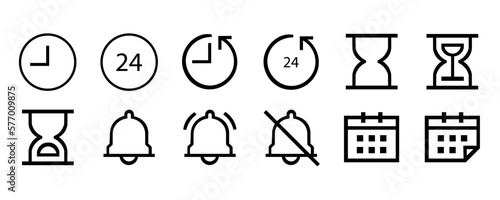 Set of 12 clock icons. message line icon set, outline thin line icons such as time hands, time 24/7 calendar hourglass linear set eps10