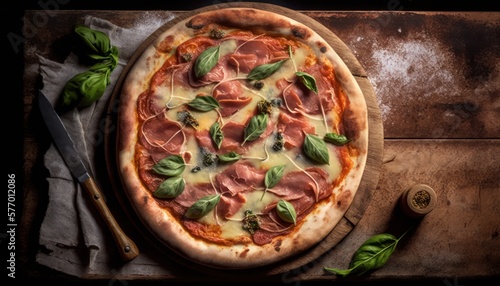Crusty oven-fired Italian prosciutto pizza, generative ai