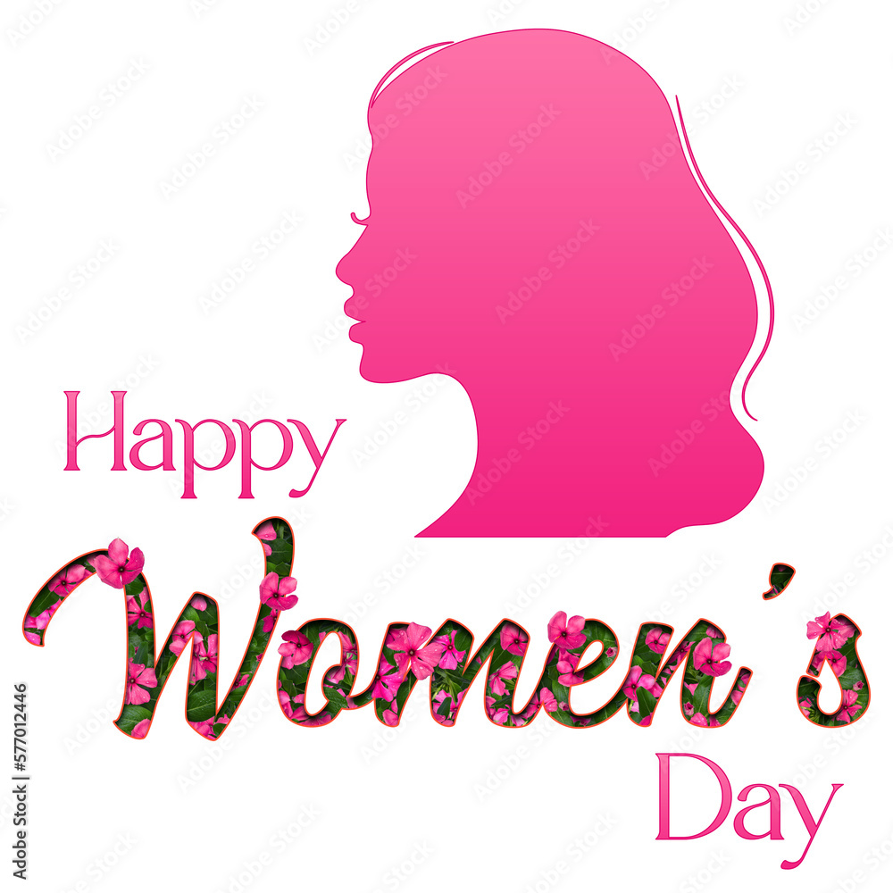 Happy international women's day greeting phrase in pink, with woman silhouette and floral lettering.